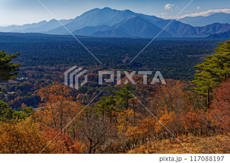 紅葉台から見る青木ヶ原樹海と本栖湖・毛無山稜線 117088197