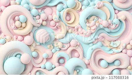 Pastel colored 3D waves creating optical illusions with bubbles Pastel colored 3D waves creating optical illusions with bubbles 117088316