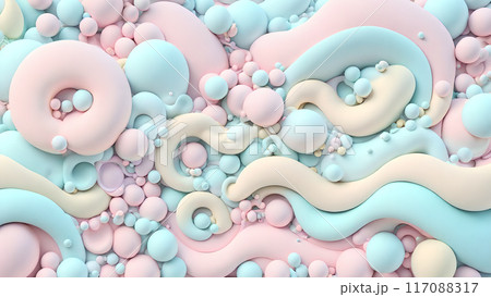 Pastel colored 3D waves creating optical illusions with bubbles 117088317