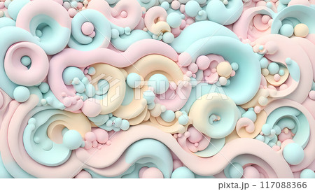 Pastel colored 3D waves creating optical illusions with bubbles 117088366