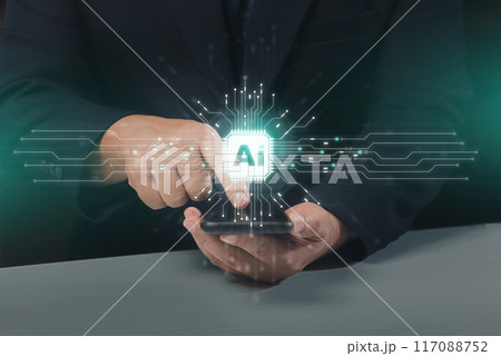 Human using technology smart robot AI, artificial intelligence by enter command prompt for generates something, Futuristic technology. Business people working with Artificial Intelligence (Ai). 117088752