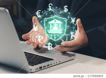 Businessman using laptop computer online payment, world currencies, wallet cryptocurrency blockchain on virtual screen, financial technology, money exchange, digital banking concept Businessman using laptop computer online payment, world currencies, wallet cryptocurrency blockchain on virtual screen, financial technology, money exchange, digital banking concept 117088805