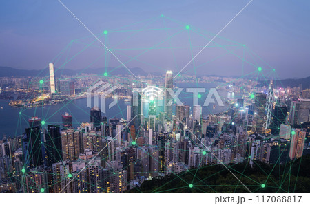 icons of wifi, internet, communication, travel, computers, and other kinds of technology for smart city conceptual, Hong Kong City, and networking concepts. 117088817