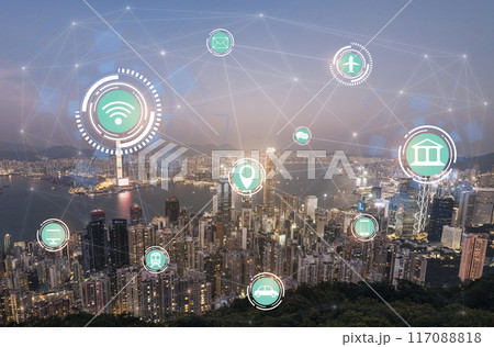 icons of wifi, internet, communication, travel, computers, and other kinds of technology for smart city conceptual, Hong Kong City, and networking concepts. 117088818