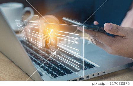 Survey form and Business Feedback. Education futuristic technology and learning. Questionnaire with checkboxes, filling survey form online, answer, Questions of test. Business man with Virtual icon. 117088876