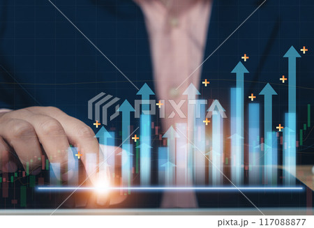 Business man point plan growth increase of positive indicators graph in his business. Planning of business, Graph growth success concept. Stock market value. Opportunity. Digitals marketing. 117088877