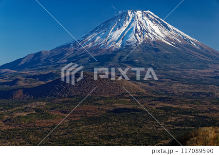 晩秋の精進湖・パノラマ台から見る富士山 117089590