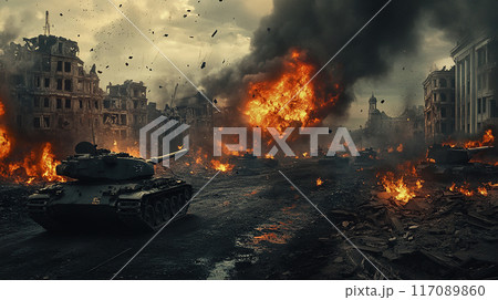 戦火の街と戦車 117089860