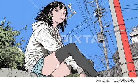 不良女子高生：くわえたばこで喫煙している若い女性