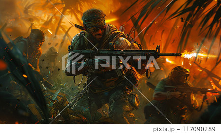 戦場での激しい銃撃戦 戦場での激しい銃撃戦 117090289