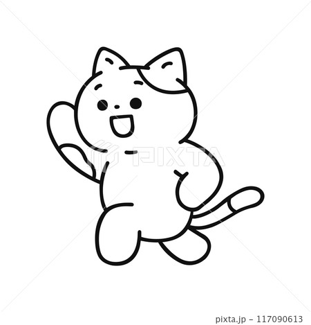 楽しげに片手をあげスキップする猫・線画 117090613