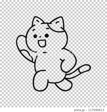 A cat skipping happily with one hand raised - Line drawing A cat skipping happily with one hand raised - Line drawing 117090613