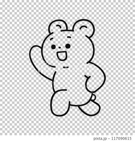 楽しげに片手をあげスキップするクマ・線画 117090615