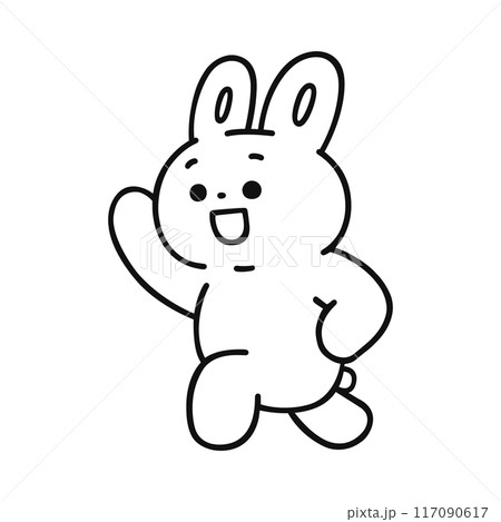 楽しげに片手をあげスキップするウサギ・線画 117090617