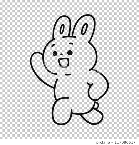 楽しげに片手をあげスキップするウサギ・線画 117090617