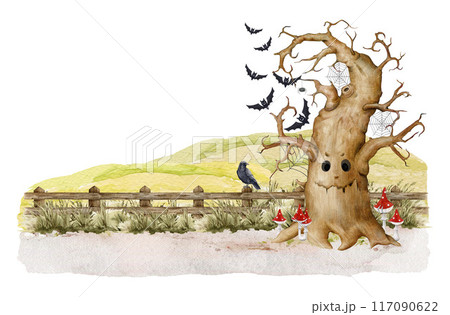 Halloween festive spooky countryside landscape scene decor. Hand drawn old thick tree, autumn field, bat flying, black raven on old wooden fence. Halloween mood traditional scary decoration Halloween festive spooky countryside landscape scene decor. Hand drawn old thick tree, autumn field, bat flying, black raven on old wooden fence. Halloween mood traditional scary decoration 117090622