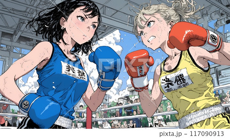ボクシング試合：若い女性ボクサー同士のの試合