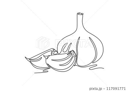 Single continuous line drawing whole healthy organic garlic for plantation logo identity. Fresh cuisine seasoning concept for vegetable icon. Dynamic one line draw graphic design vector illustration 117091771