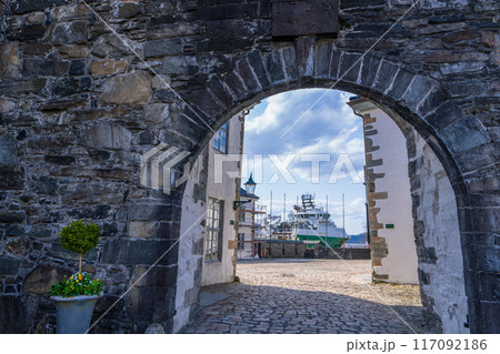 Historic Stone Gate Leading to Bergenhus Fortress. Historic Stone Gate Leading to Bergenhus Fortress. 117092186