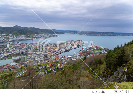 Panoramic View of Bergen and its Fjord. 117092191