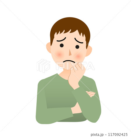 頬杖をついて考え悩む若い男性 117092425