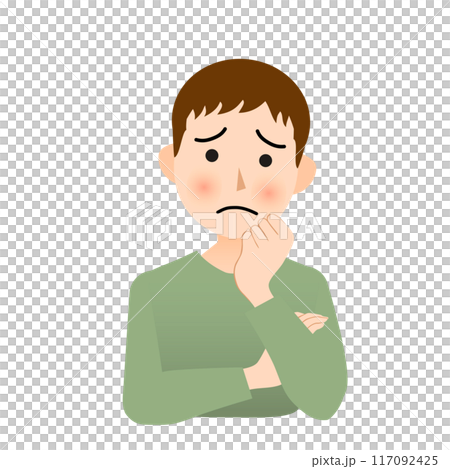 頬杖をついて考え悩む若い男性 117092425