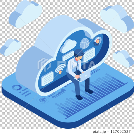 Isometric Businessman Using Laptop Working on Cloud Isometric Businessman Using Laptop Working on Cloud 117092527