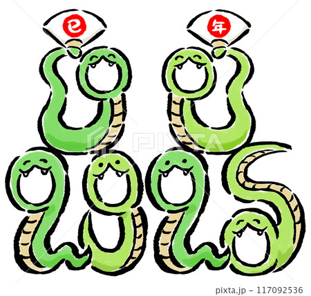 2025年の訪れを祝う蛇（巳）の顔ハメ年賀状素材　六人用 117092536