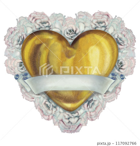 Gold watercolor heart. Hand drawn brush illustration of a heart with metal texture and a blank banner ribbon. Romantic decorative love sign isolated on white background for sticker, label, scrapbook 117092766