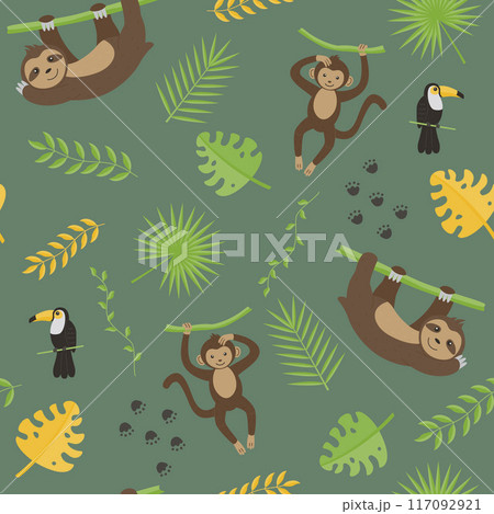 Children's animal seamless pattern. Funny toucan, sloth and monkey on a green background with tropical leaves. Vector illustration in a flat style. Children's animal seamless pattern. Funny toucan, sloth and monkey on a green background with tropical leaves. Vector illustration in a flat style. 117092921