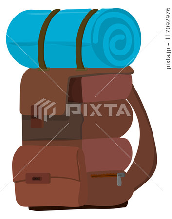 Tourist backpack with rolled sleeping bag. Travel equipment Tourist backpack with rolled sleeping bag. Travel equipment 117092976