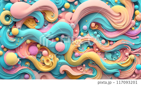 Whimsical, colorful waves with playful bubbles background shadow 3d wallpaper 117093201