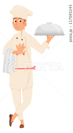 Man serving food in professional uniform. Waiter character 117093243