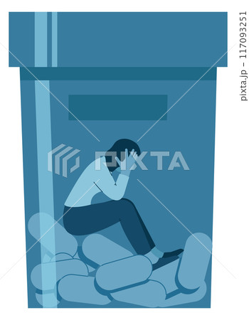 Sad woman in drug jar. Depression medication icon Sad woman in drug jar. Depression medication icon 117093251