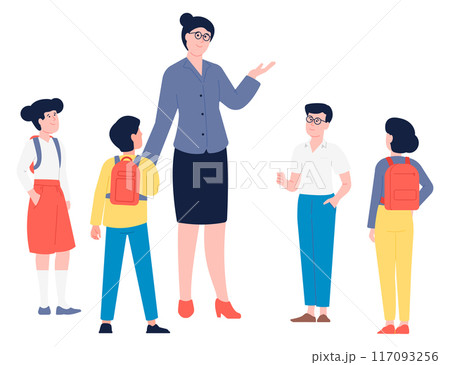 Female teacher and kids. Excursion tour woman character Female teacher and kids. Excursion tour woman character 117093256
