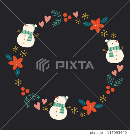 手描きのクリスマス向け円形装飾フレーム素材 手描きのクリスマス向け円形装飾フレーム素材 117093449