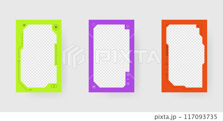 Abstract sci-fi frame. Hud interface design style. Digital futuristic frame element. Cyberpunk style. Design for banner, card, player card game, background. 117093735