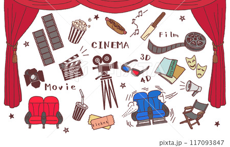 映画館イラストセット 手描き線画 映画館イラストセット 手描き線画 117093847