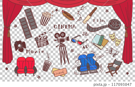 映画館イラストセット 手描き線画 映画館イラストセット 手描き線画 117093847