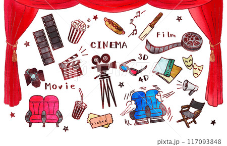 映画館イラストセット　手描き水彩風 117093848
