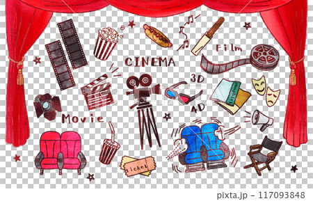 映画館イラストセット　手描き水彩風 117093848