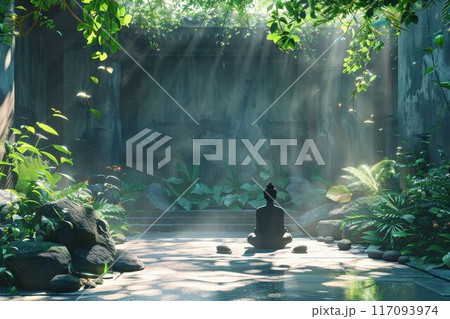 Serene Meditation in Lush Tropical Garden with Sunlight Filtering Through Foliage Serene Meditation in Lush Tropical Garden with Sunlight Filtering Through Foliage 117093974