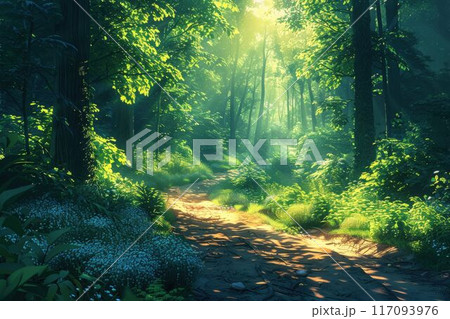 Sunlit Forest Path with Lush Greenery and Dappled Light in a Serene Woodland Setting 117093976