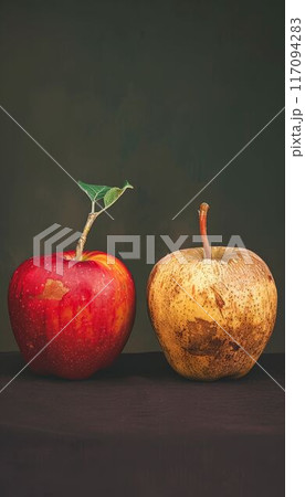Two apples. One fresh and one rotten. Two apples. One fresh and one rotten. 117094283