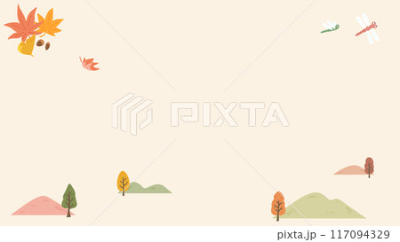 秋の風景、山と紅葉した木のシンプルな背景フレーム、かわいい手描きイラスト 117094329