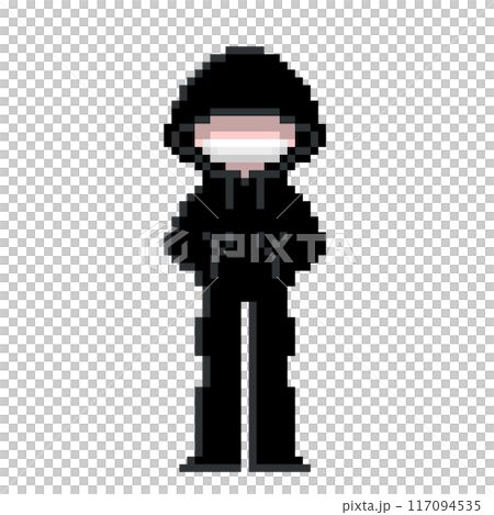 一個可愛的像素藝術面具，上面是一個黑客風格的可疑人物，黑色連帽衫的兜帽拉了起來。 117094535