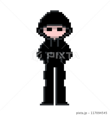 黒パーカーのフードを深くかぶったハッカー風怪しい人のかわいいドット絵 黒パーカーのフードを深くかぶったハッカー風怪しい人のかわいいドット絵 117094545