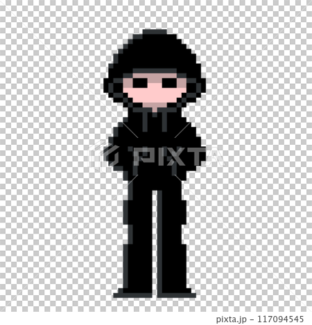 Cute pixel art of a suspicious hacker-esque person wearing a black hoodie with the hood pulled down low 117094545