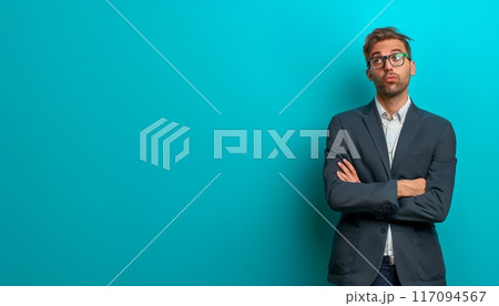 Confused man in office clothing. Shocked businessman. Surprised man against a solid background 117094567