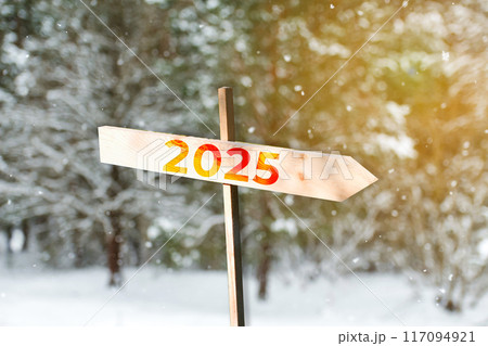 Year 2025 with a snow-covered winter background, pointer highlighting the future, concept of hope and new beginnings. Pointer marking the year 2025 on a snowy winter backdrop, symbolizing future 117094921